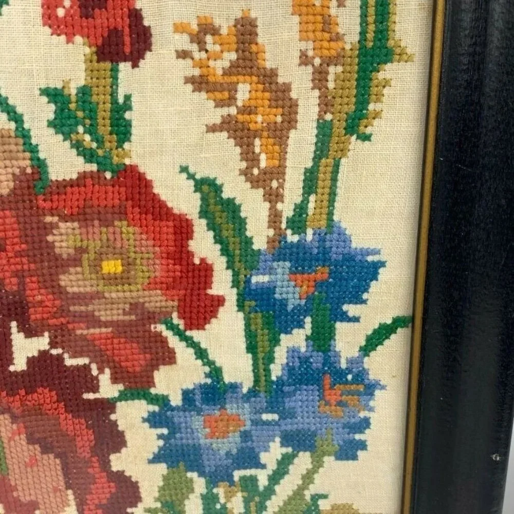 Vintage Framed Finished‎ Needlework Wall Hanging Picture Floral Cottagecore 1964